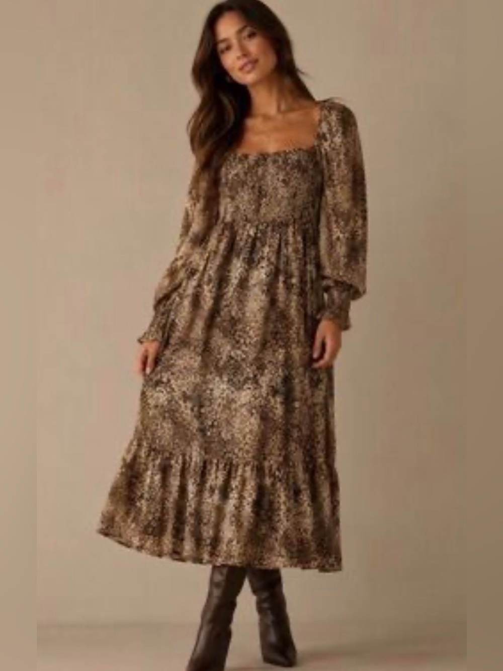 Betsey Johnson Brown Printed Smocked Maxi Dress